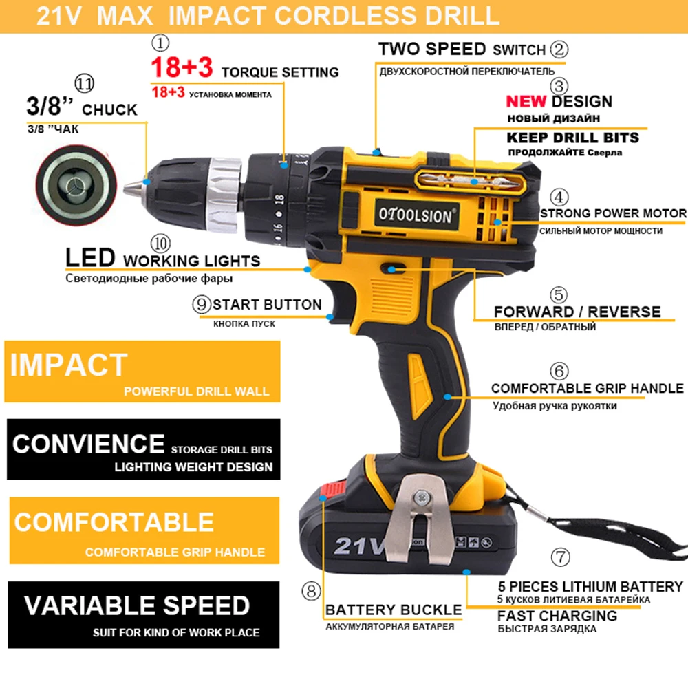 12V 16.8V 21V Screwdriver Drill Variable Speed Cordless Drill Battery Tools Cordless Rechargeable Screwdriver Drill Wireless  (1)