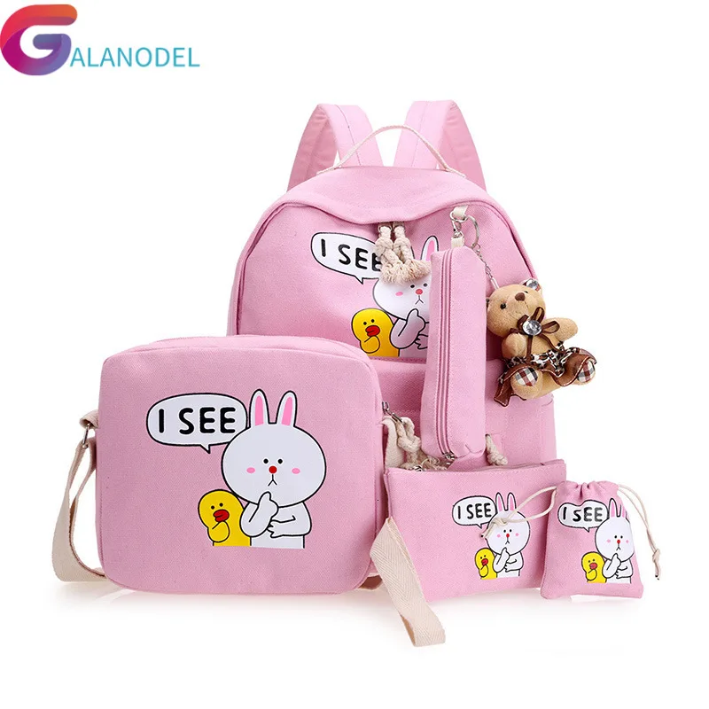 4pcs/set school bags Korean cute cartoon printing children backpacks for teenage girls High quality canvas school backpack