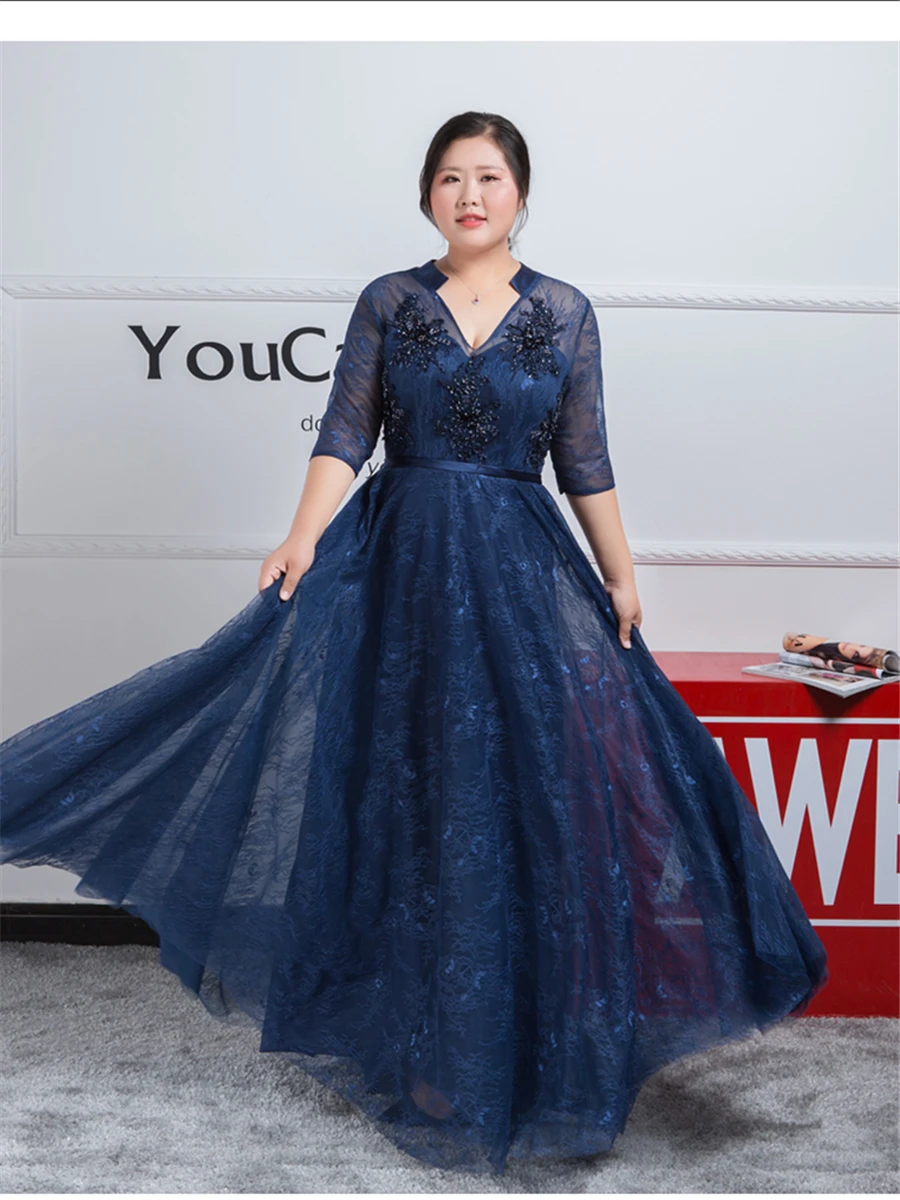 Бисероплетение Вечерние платья Кружева Robe De Soiree темно-синие женские вечерние платья размера плюс рукав три четверти Формальные платья T123