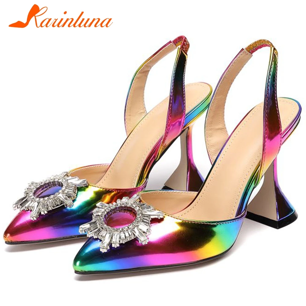 

KARINLUNA Ins Hot Female Back Strap Metallic Sandals Crystal Colorful Pointed Toe High Heel Sandals Women Summer Shoes Woman