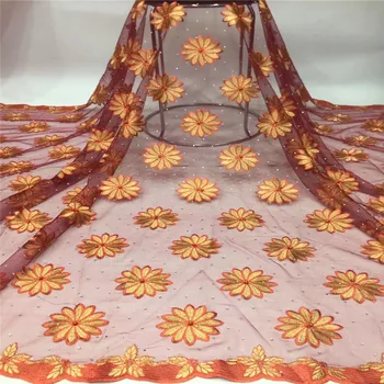 

2019 orange High Quality Nigerian Tulle Lace Fabrics Latest Beaded Mesh African stones Lace Fabric Bride French Net Lace Fabric