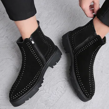 

italian brand designer mens vintage ankle boots cow leather tooling shoes rivet platform spring autumn chelsea boot zapatos bota