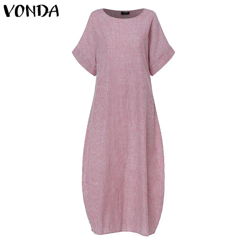VONDA/летнее платье с коротким рукавом, повседневное женское платье с круглым вырезом, женское пляжное платье для вечеринки, женское платье для работы, длинное платье, 5XL - Цвет: Красный
