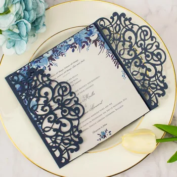 

Invitation card paper 1X Ivory Navy blue Gold Burgundy Pink Laser cut Pocket Wedding Invite Invitations Card with envelope