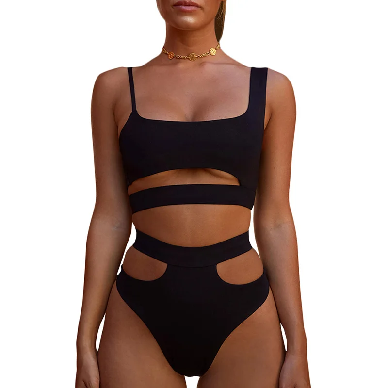 

New Sexy Women Bikini Set Swimsuit Solid Cut Out Bra High Cut Bottoms Swimwear Bathing Suits White/Black Bikini 2019