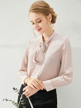 

Classic Hong Kong-Style Lace-up Strap Design Pink Long-Sleeved Silk Mulberry Silk Lady's Shirt Top Foreign Style Dropshipping