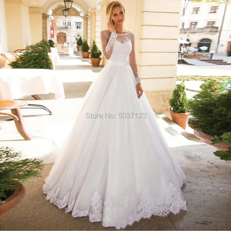 Vestido De Noiva A Line тюлевые Свадебные платья с круглым вырезом и бусинами, с длинными рукавами, кружевные аппликации для свадебных платьев, со шлейфом, большие размеры