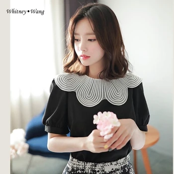 

WHITNEY WANG Blouses 2020 Summer Fashion Elegant Colors Contrast Peter pan Collar Back Bow Blouse Women Blusas Office Lady Shirt