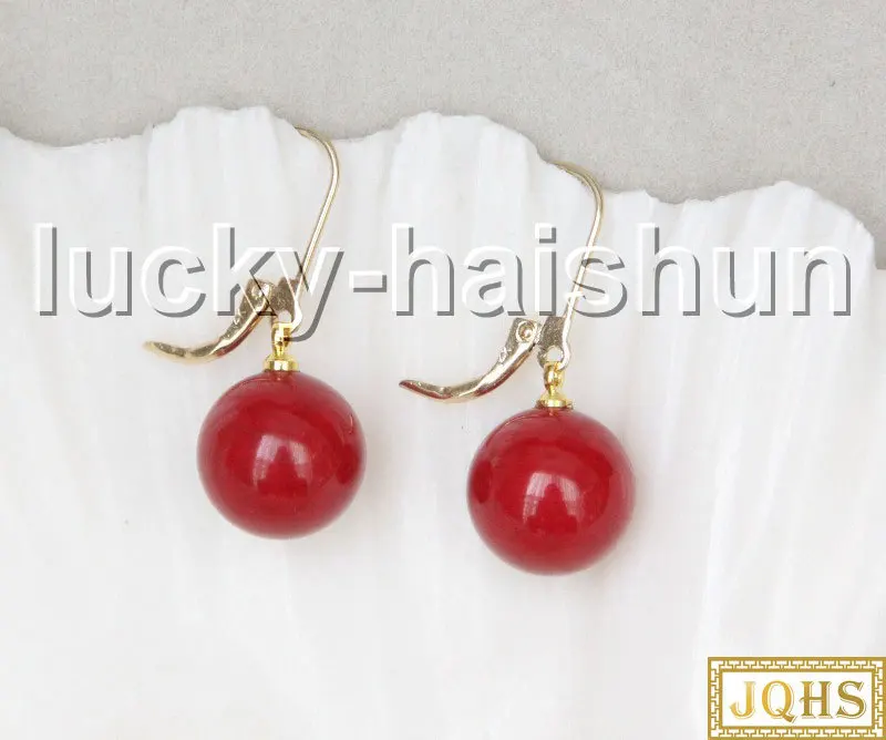 

AAA Natural Dangle 13mm Round Red Coral Beads Earrings C21