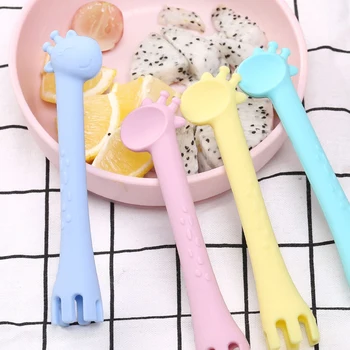 

Baby Training Spoon Feeding Teether kids Spoon Food Supplement Silicone Fork Rice Colorful Cute Animal Environmental Healthy