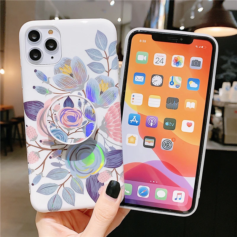 Элегантный чехол для телефона с лазерными цветами для Iphone 11 Pro Max X Xsmax Xr, мягкий чехол для Iphone 6, 7, 8 Plus, Стильный чехол для девочек с кольцом