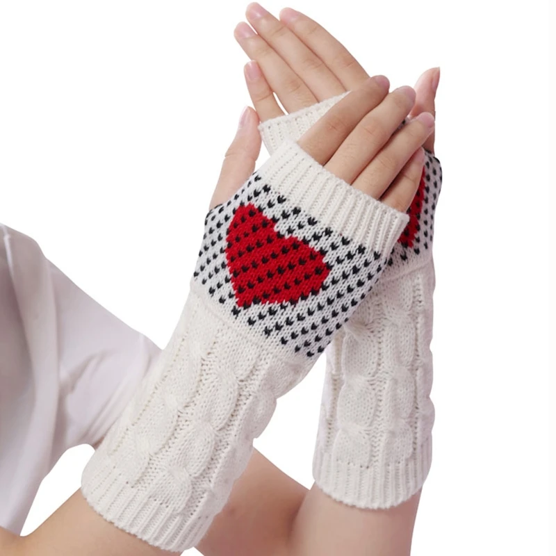 

Women Winter Knitted Half Finger Gloves Sweet Heart Jacquard Fingerless Mittens U4LF