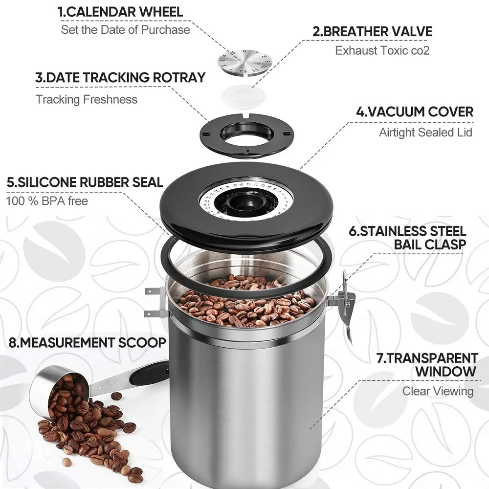 Airtight Coffee Canister, HOKEKI Stainless Steel Container for the Kitchen,  Coffee Ground Vault Jar With One