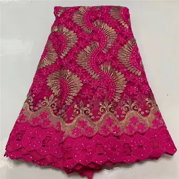 

Rose red lace fabric african tulle lace high quality embroidered french net lace for women dress 5yards per piece