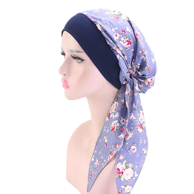 Muslim Women Print Cotton Turban Hat Headscarves Pre-Tied Cancer Chemo Headwear Bandanas Headwrap Caps Light Blue