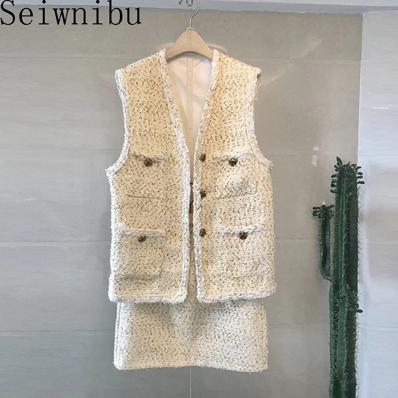 

New Autumn Elegant Women's Woolen 2-Piece Sets Sleeveless bead Button Tweed Vest Jacket Coat + High Waist Mini Skirts Outfits