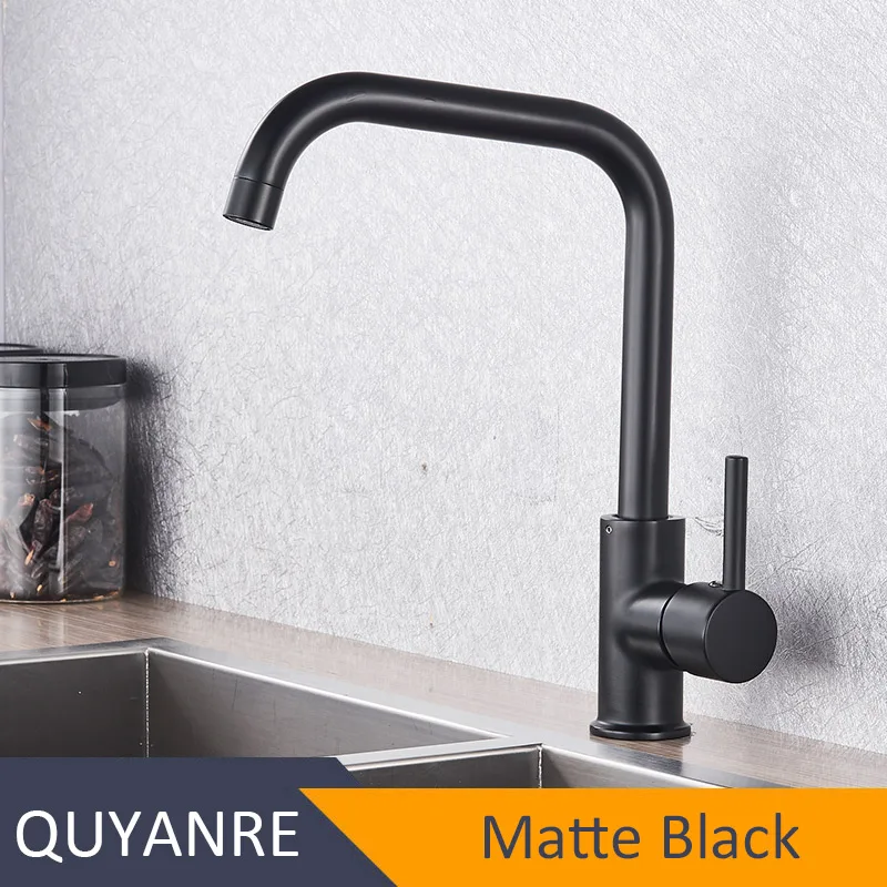 Quyanre матовый черный 360 Вращающийся кухонный смеситель из нержавеющей стали с одной ручкой кран для горячей и холодной воды для кухни - Цвет: Matte Black