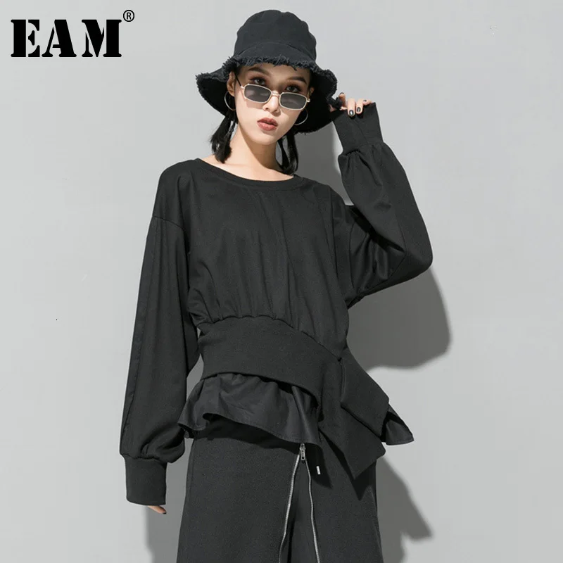 

[EAM] Women Cross Split Joint Asymmetrical Big Size T-shirt New Round Neck Long Sleeve Fashion Tide Spring Autumn 2019 1D718