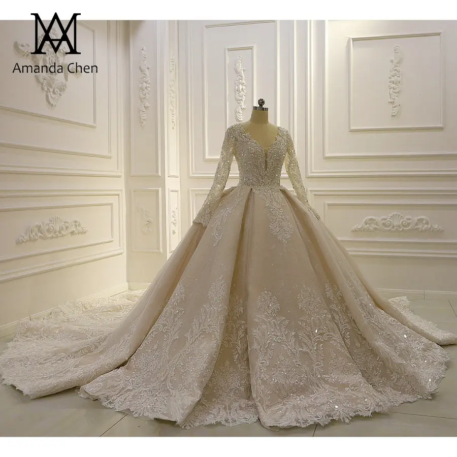 Шампанское Robe de mariage длинный рукав кружева аппликация свадебное платье - Цвет: Шампанское