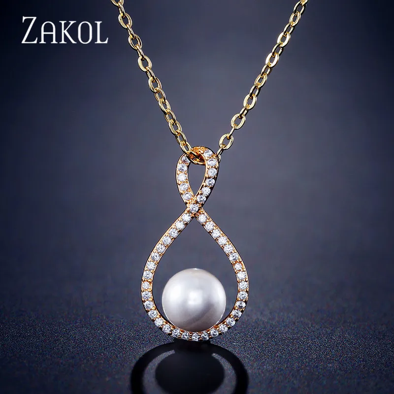 Gold Color ZAKOL элегантные AAA циркон Lucky 8-shape форме, благодаря чему создается ощущение невесомости с камнями в форме капли воды Цепочки и ожерелья для Для женщин для свадьбы или праздничного обеда для вечеринки, дня рождения, подарок, ювелирное изделие FSNP2098 - Окраска металла: Gold Color