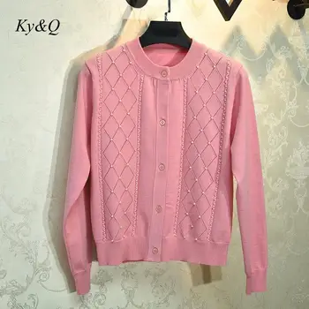 

Brand Design Women Luxury Knit Cardigans 2002 Spring Elegant Pink Single Breasted Pearl Thin Long-sleeve Outwer Sweater Clothes
