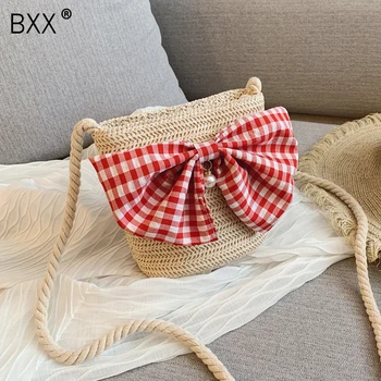 

[BXX] Women's Single Shoulder Crossbody Bag All-match Flap 2020 Summer Vintage Tide Bowtie Straw Bucket Bag Female Package HF967