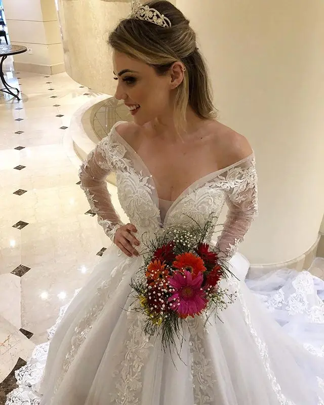 Vestido De Novia сексуальные кружевные с открытыми плечами Новые Модные свадебные платья со шлейфом с длинным рукавом и v-образным вырезом Vestidos Novia