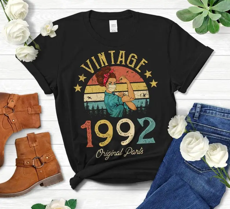 

Vintage 1992 original parts nostalgic mask quarantine version T-shirt 29th birthday 100% cotton clothes fashionable O-neck top