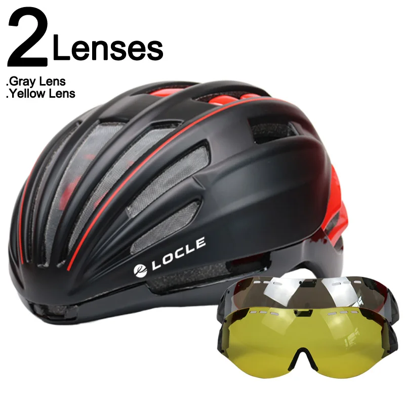 LOCLE Goggles велосипедный шлем дорожный горный MTB велосипедный шлем Casco Ciclismo Сверхлегкий в форме велосипедный шлем с очками 55-61 см - Цвет: Black Red 2 Lenses