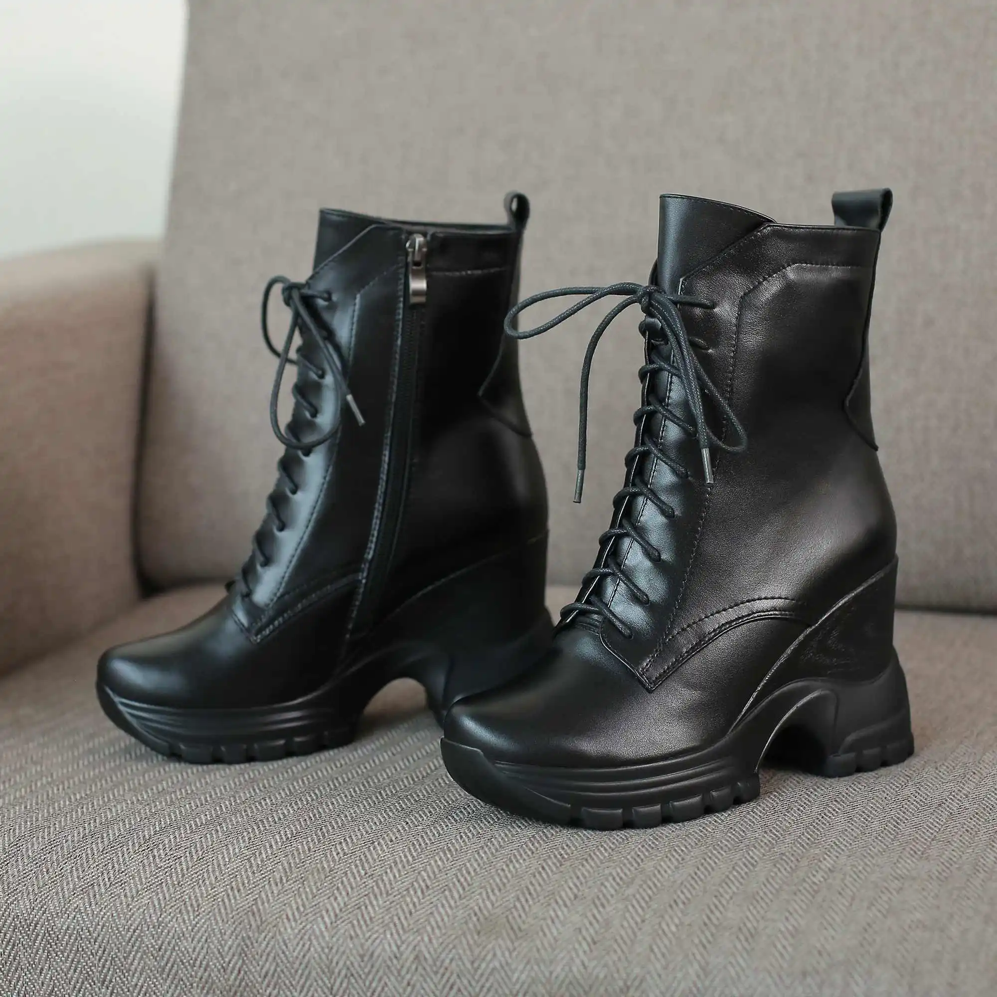 Черный Bottes femme/ботинки до середины икры женская обувь на высоком каблуке обувь из натуральной кожи с круглым носком на танкетке; zapatos de mujer; размер 42 - Цвет: Черный