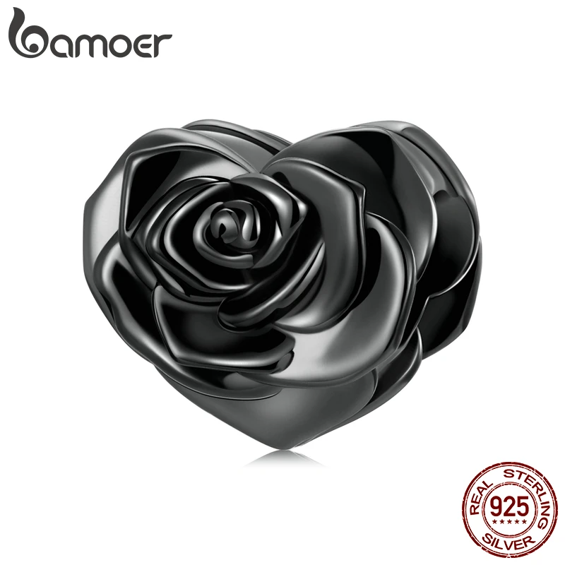 

BAMOER Romantic 925 Sterling Silver Love Black Rose Bead Heart Lover Charm for Original Bracelet Women Valentine's Day Gift