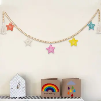

Colorful Stars Wooden Beads Garland With Tassel Pendant Bohemia Handmade Farmhouse Wall Hanging Nursery Room Home Decoration