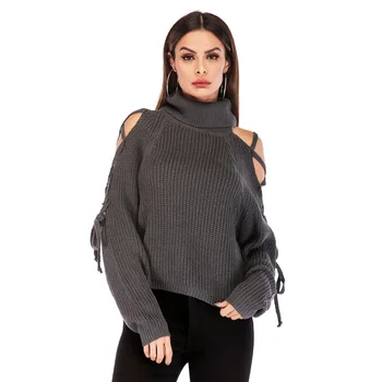 

Fashion Autumn Winter Turtleneck Sexy Off Shoulder Knitted Sweater Women Solid Slim Short Pullovers