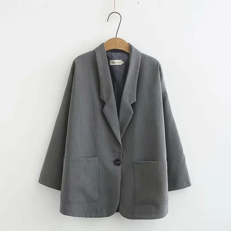 Korean Style Women Blazers Spring Autumn Coats Plus Size Single Button Office Lady Blazers Outerwear Black Dark Grey KKFY3921 - Цвет: Темно-серый
