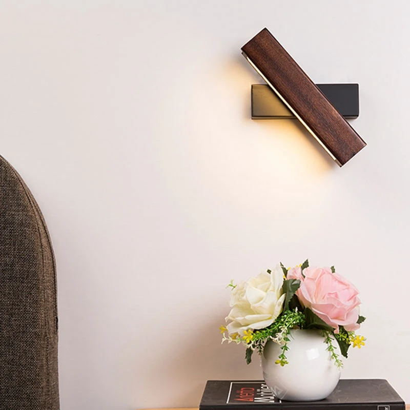 

Hot Modern Nordic Solid Wood LED Rotated Wall Lamp Bedside Night Light Bedroom Living Room Aisle Sconce Light Fixture Wall Decor