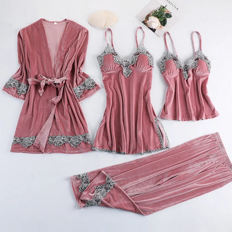 2021 Gold Velvet 4 Pieces Warm Winter Pajamas Sets Women Sexy Lace Robe Sleepwear Kit Sleeveless Nightwear | Женская одежда