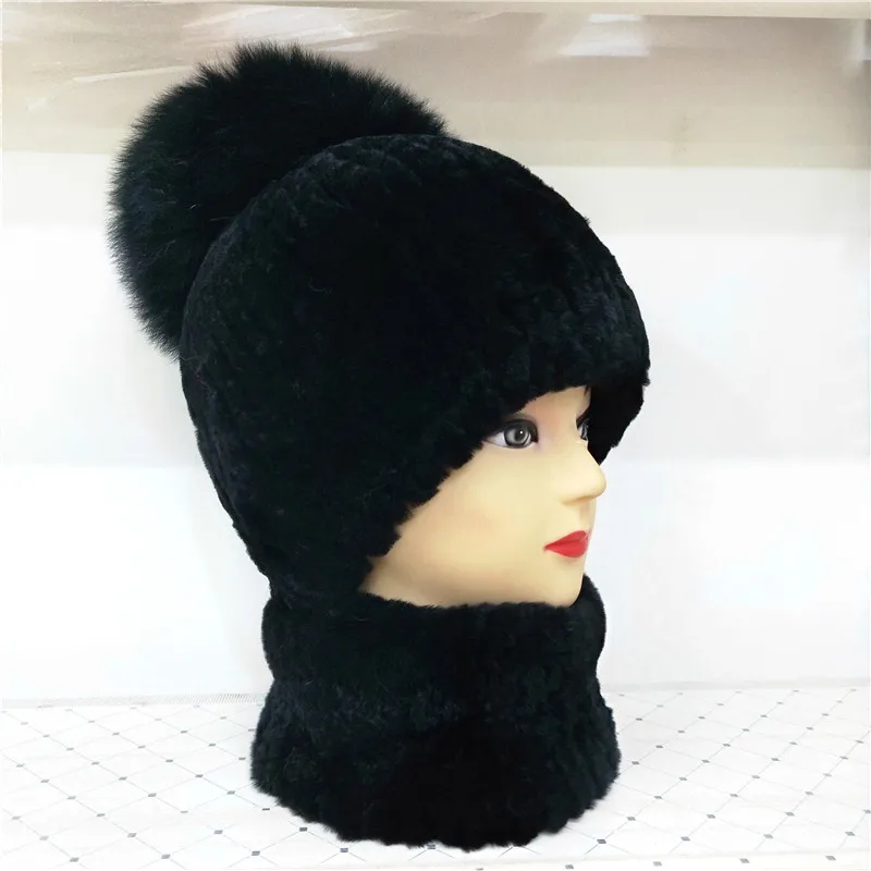 

Winter 100%Real Rex Rabbit Fur Women Hat Scarf Set Comfortable Warm Vintage Fur Casual Female Ladies Beanies Scarves New Arrival