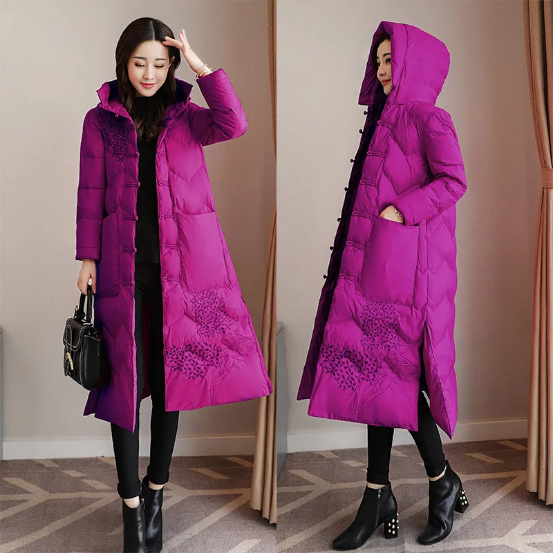 

Embroidery Cotton-padded Clothes Women's Mid-length 2018 Winter New Style Ethnic-Style Frog Embroidered over-the-Knee down Jacke