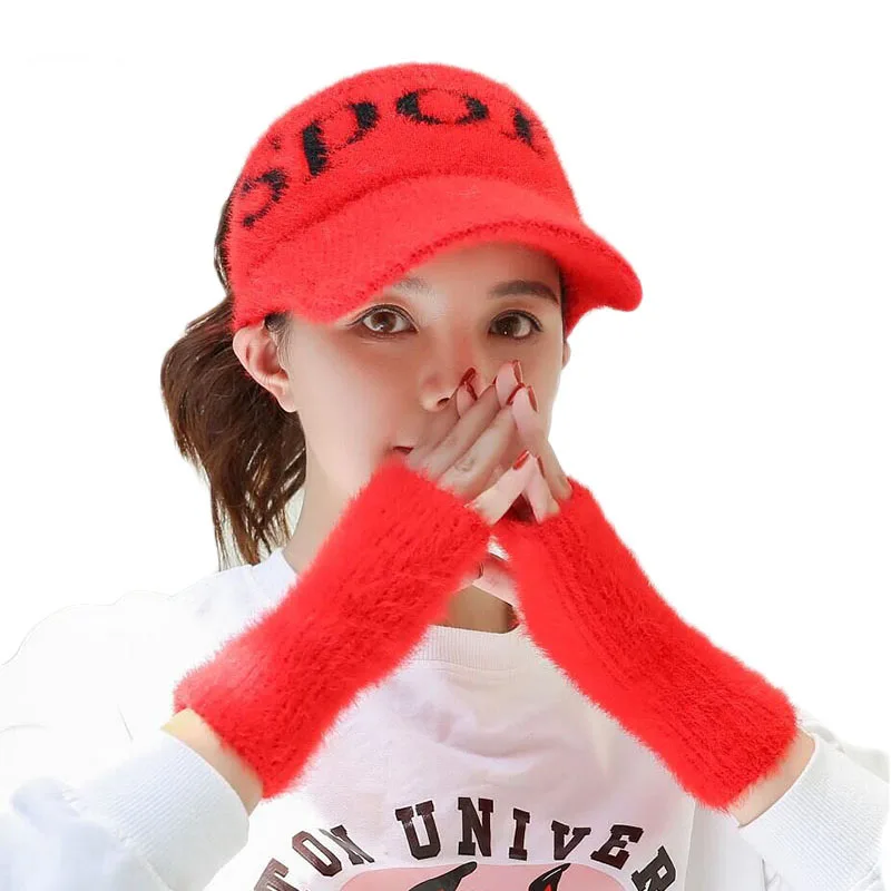 

Autumn Knitting Baseball Hats For Women Empty Top Visor Beanie Cap Sports Hats Warm Thick Gloves Skullies Ski Cap