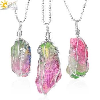 

CSJA Natural Crystal Color Plating Pendant Necklace Handmade Copper Wire Wrapped Irregular Stone Pendants Women Men Jewelry G149