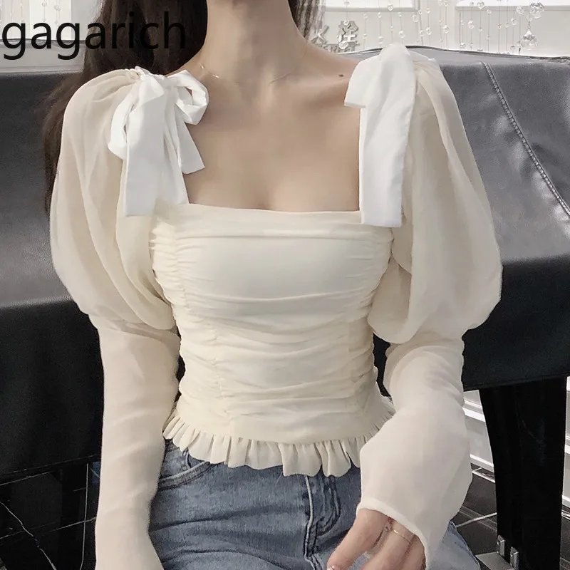 

Gagarich Elegant Lady Solid Shirts Femme Lantern Sleeve Square Collar Short Tops Fairy Bandage Slim Fit Chic Spring Shirts Women