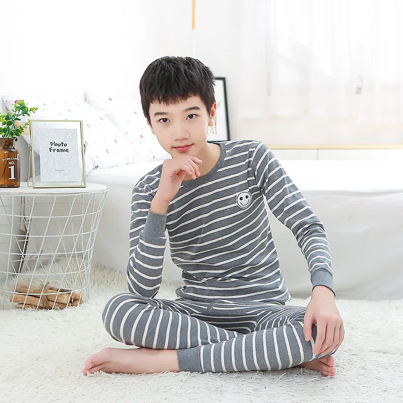 grey stripe 2 шт./компл. для подростков Детские комплекты теплого нижнего белья пижама в полоску с длинными рукавами, из двух предметов, костюм с длинными рукавами для мальчиков и девочек домашняя одежда - Цвет: grey stripe