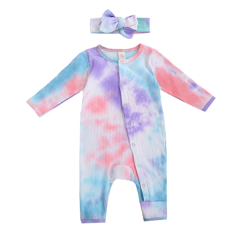 

Body Baby Autumn Outfit Tie-Dyed O-Neck Long Sleeve Ribbed One-Pieces Suits Bowknot Headband Suit for Baby Clothing 0-2 Years