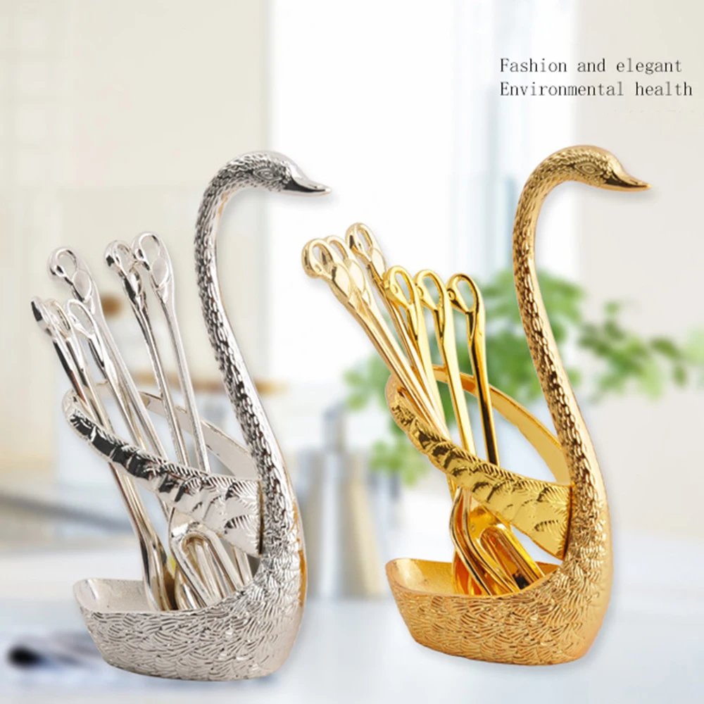 6Pcs Swan Fruit Base Holder Forks Set Stainless Steel Salad Dessert Coffee Spoon Cake Tableware Zero Waste Flatware | Дом и сад