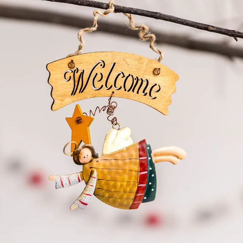 

2019 Vintage Retro Christmas Angel Doll Decoration Welcome Door Hanging Plate Wooden Sign Pendant Xmas Home Decor