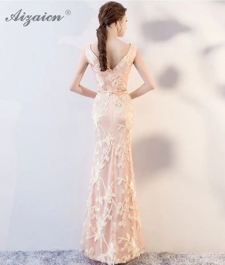 Хост V образным вырезом Cheongsam розовые длинные вечерние платья Qi Pao Для женщин традиционное китайское платье Qipao Продвижение вечерние Халат