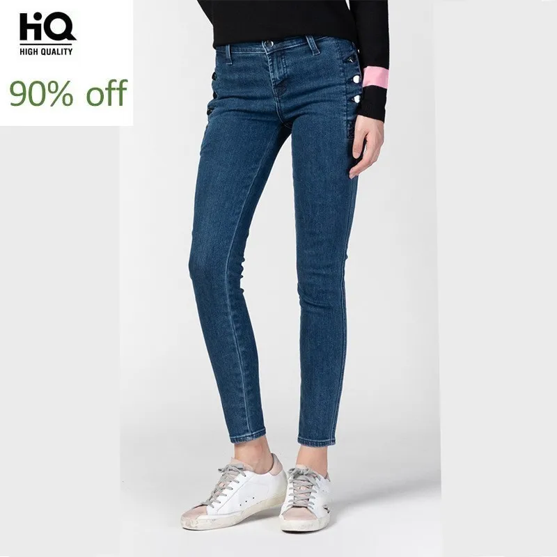 Высококачественные офисные женские джинсовые узкие брюки до щиколотки с высокой