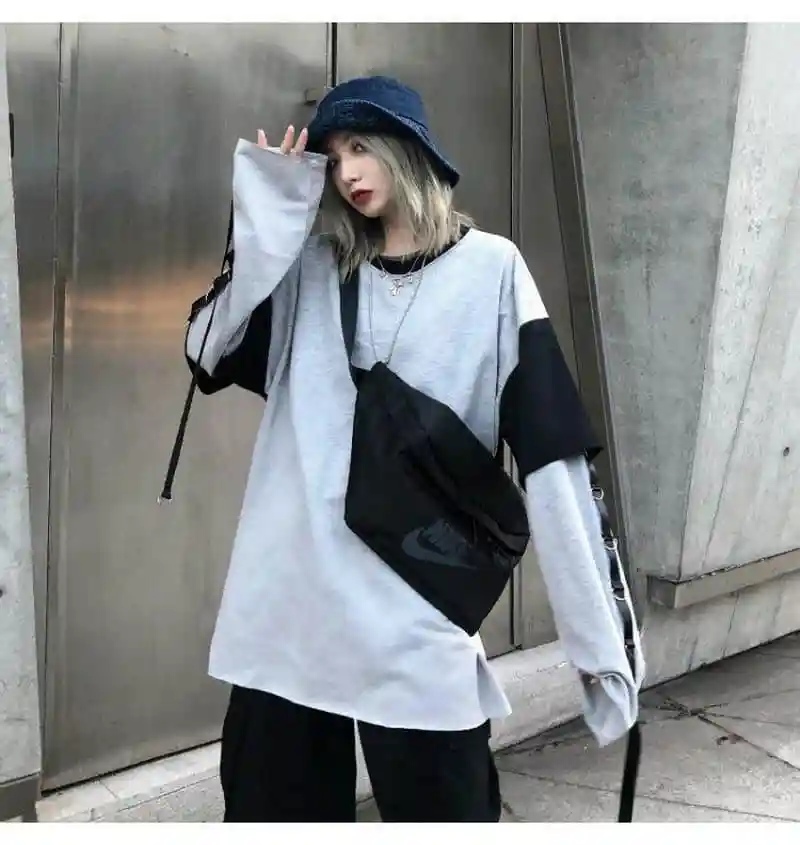 NiceMix японская мода Harajuku Осень с длинным рукавом TeesHip хип-хоп Футболка с принтом женские забавные белые повседневные футболки Топы женские панк