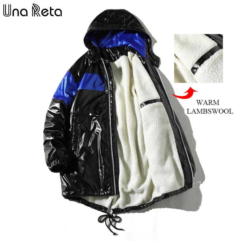 Una Reta Winter Jacket Men New Casual Patchwork Glossy Leather Parka Coat Hip Hop Men Clothes Warm Lambswool Jackets For Men