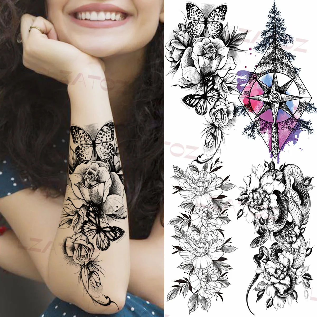 

Rose Butterfly Temporary Tattoos For Women Adult Geometric Peony Snake Realistic Fake Tattoo Sticker Fashion Half Sleeve Tatoos